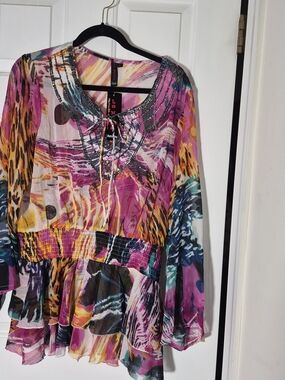 NEW La Moda Multicolor Sheer Printed Peplum Tunic — Pink & Teal Accents